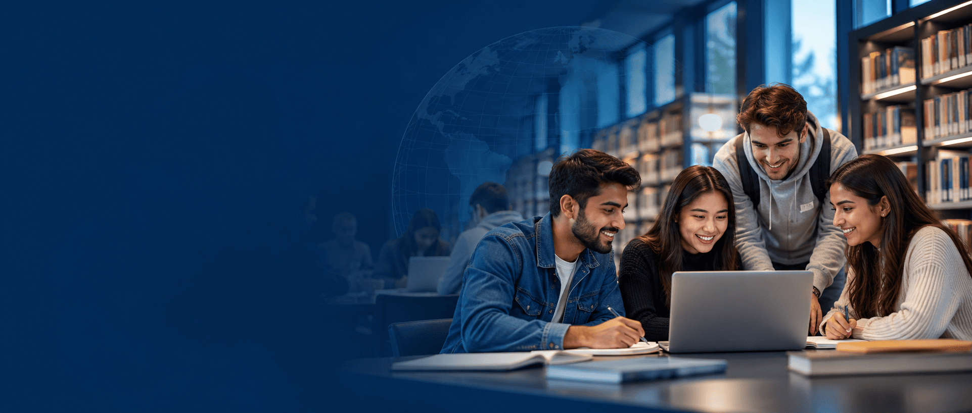 International students collaborating in a university library